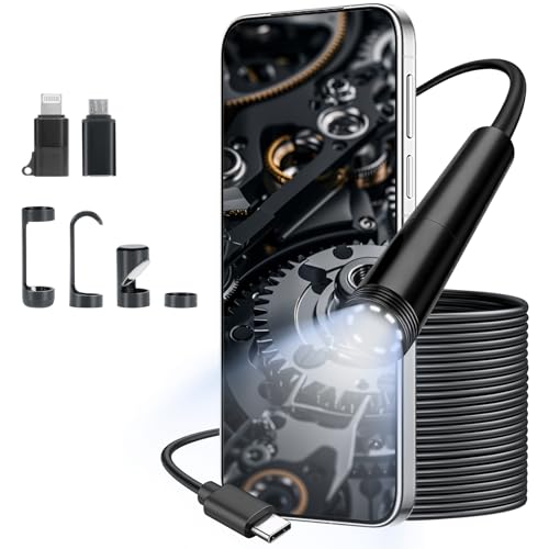 VINATO Endoscope for Smartphone 10 m, 1080P HD Waterproof IP67 Inspection Camera, 8 mm Probe with 8 LEDs, Type-C Direct Connection (iPhone/Android Adapter Included) for Vehicles, Tubing