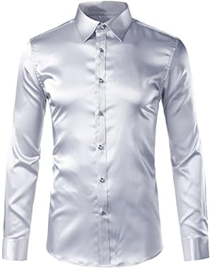 Mens Solid Color Casual Slim Fit Long Sleeve Shiny Satin Prom Dress Shirt Tops