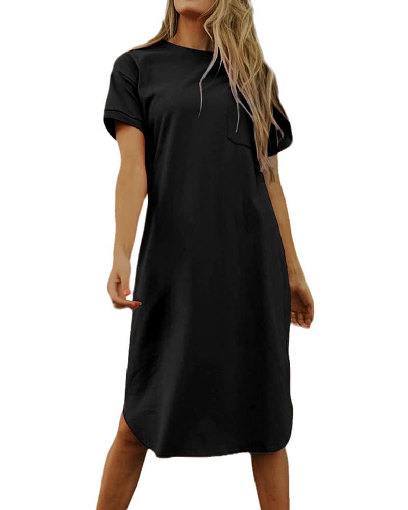 Photo 1 of Dyexces Summer Dress for Women Crew Neck Short Sleeve Solid Basic T-Shirts Casual Midi Dresses with Pocket Black