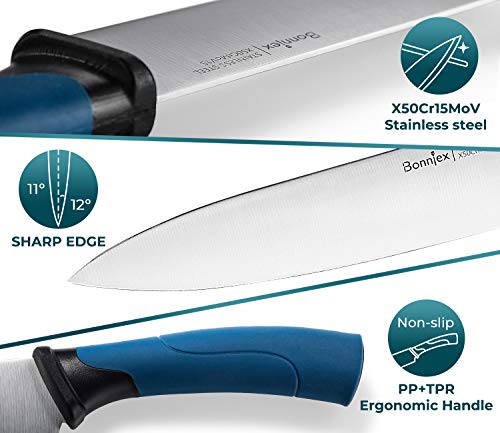 Bonniex Kitchen Knives Set 5-Piece, Chef Knife Block Set with Safety Lock, Cutlery Knives Ultra Sharp for Professional Multipurpose Cooking with Colorful & Ergonomic Handle
