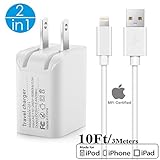 2in1 [ Apple MFi Certified ] 10Ft Lightning Cable/Cord + 5V/2.4A Dual Port USB Wall Plug Charger Block/Charging Cube/Brick/Box Power Adapter For iPhone XS Max XR X 8 Plus 7 6s 6 5s 5 iPad Air Pro Mini