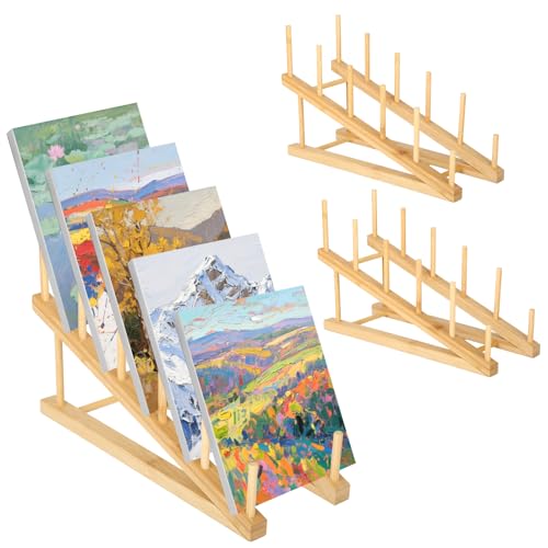 Rainmae 3 Pack Small Art Drying Rack Art Storage Rack for Classroom 5 Layers Paint Display Rack Wood Storage Stand for Canvas, Art Storage Organizer for Painting Canvas, Wooden Tabletop Art Rack