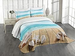 Ambesonne Seashells Bedspread, Wooden Boardwald