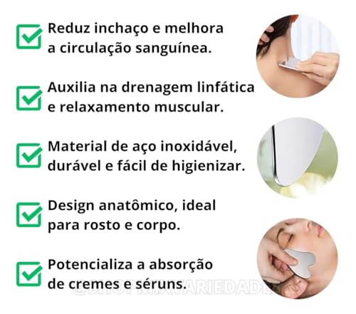 Pedra Gua Sha Inox Profissional – Massageador Facial e Corporal Anatômico, Drenagem Linfática e Lifting Natural, Aço Inoxidável Médico, Reutilizável e Higiênico (Inclui Bolsinha Protetora)