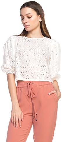 GAAM Women's Balloon Sleeve Embroidered Crop Top With Crochet Back White L