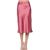 Women Solid High Waist Silky Casual Elastic Satin Midi Skirt -Made in USA (Available in Plus Size)