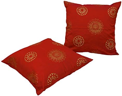 Pack of 2 Cushion Cover with Jaipuri Golden Block Print on Red Dupin Cloth -Throw Pillow Cover Pillow Case 18" x 18" Inches - Color Red by INDAURA