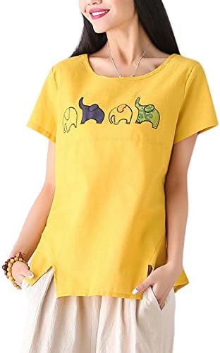 Krralinlin Women's Linen Short Sleeve T-shirt Loose Elephant Printed Blouses Tops