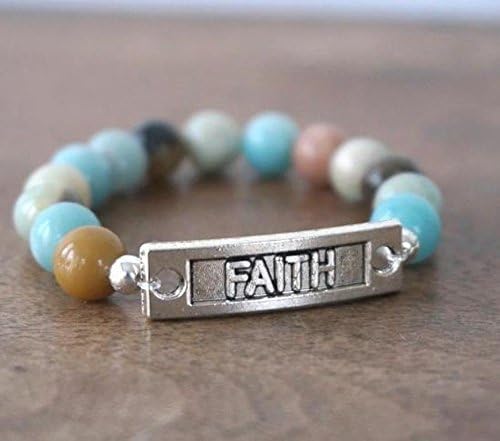 Gemstone Stretch Bracelet featuring natural Flower Amazonite and a beautiful FAITH link