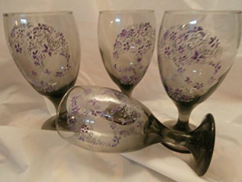 Hand painted sugar skulls in lavender and gray. set of 4 short stemmed smoke ice tea glasses..