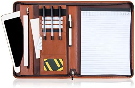 PREMIUMAX Zippered Leather Business Padfolio Portfolio Presentation Folder Interview Resume Document Organizer with Bonus Memo (Brown)