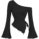 Redomo Women's Spring Long Sleeve Crop Top Trendy Off Shoulder Asymmetrical Fitted Knit Tee Shirts Going Out Tops