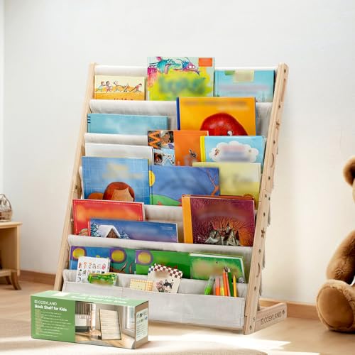 Bücherregal Kinder mit 6 Oxford-Stoff Fächern - Kinderbücherregal aus Naturholz - Bücherregal Kinderzimmer mit abgerundeten Ecken & platzsparend 63L x 30B x 76H cm（Naturholzfarbe