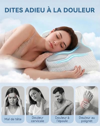 Ergonomic Cervical Pillow, Breathable Ice Fibre Cover, Anti-Sweat Cervical Cushion for Neck and Shoulder Pain, Ideal in Summer, Side Sleeper and Back Sleeper (Grey)