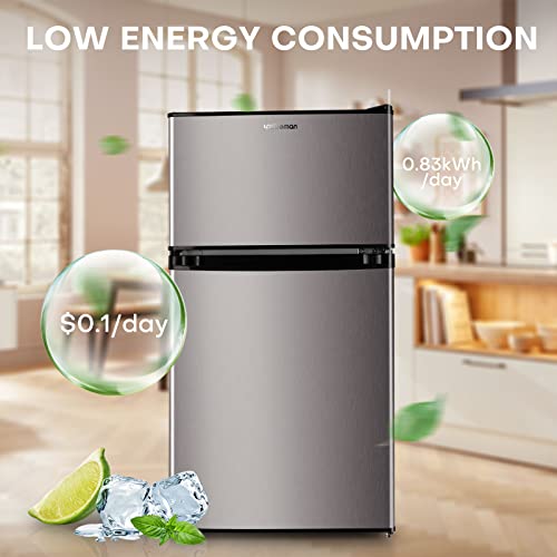 Upstreman 3.2 Cu.Ft Mini Fridge with Freezer, Stainless Steel 2 door