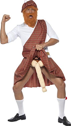 Smiffy's Men's Well Hung Highlander Costume Hat Beard Top Sash Kilt Sporran Socks and Endowment, Multi, Medium