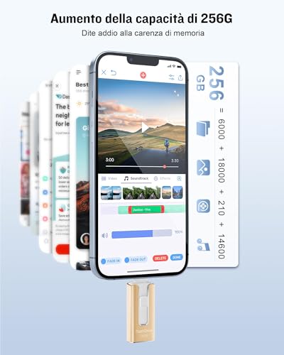 GNASEET 256GB External Memory for Phone and Android, USB 3.0 High Speed, 4 in 1 Phone Pendrive with USB-C/Micro USB/USB-A, External Hard Drive for Phone for Photos, Videos and Data, Gold