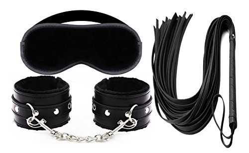 Sleeping Mask Plus Adjustable Fur Leather Handcuffs Whip Set (Black)