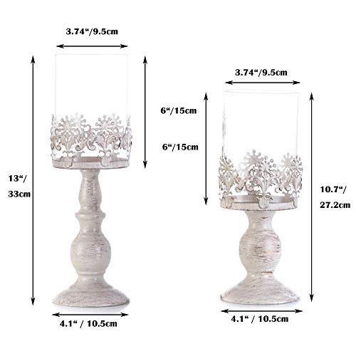 Pcs of 2 Vintage Metal Pillar Candle Holder Antique Hurricane Candlestick with Glass Screen Cover Accent Display for Home Wedding Candlelight Dinner Decoration (10.7" H & 13" H)