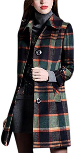 Women's Fashion Check Plaid Single-Breasted Lapel Wool Overcoat Jacket Coat