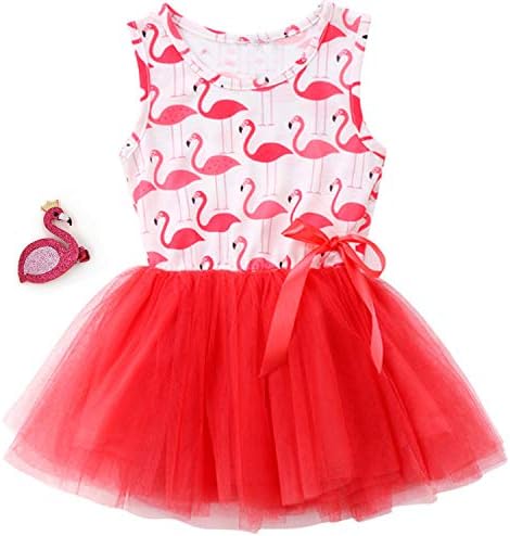 Girls Flamingo Tulle Dresses Fancy Costume Pageant Party Dresses with Hair Clip