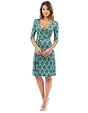 PattyBoutik Women Faux Wrap A Line Dress (Green, Blue and Pink Small)