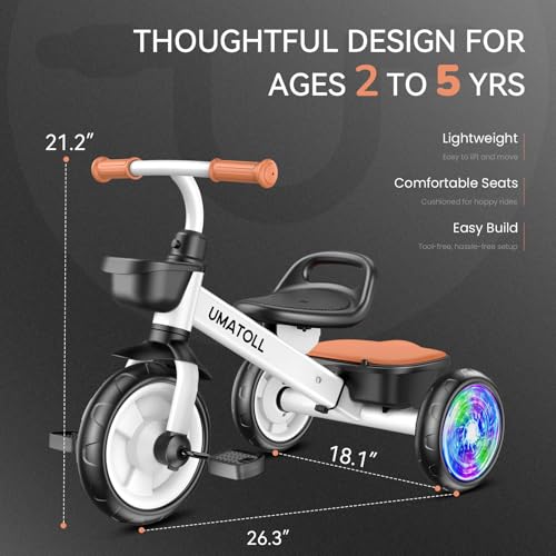 Umatoll Tricycle for Toddler 2-5 Year Old, Toddler Bike Outdoor Toys with Adjustable Seat&Light-Up Wheels, Birthday Gift for Boys Girls Ages 2–4 (White)