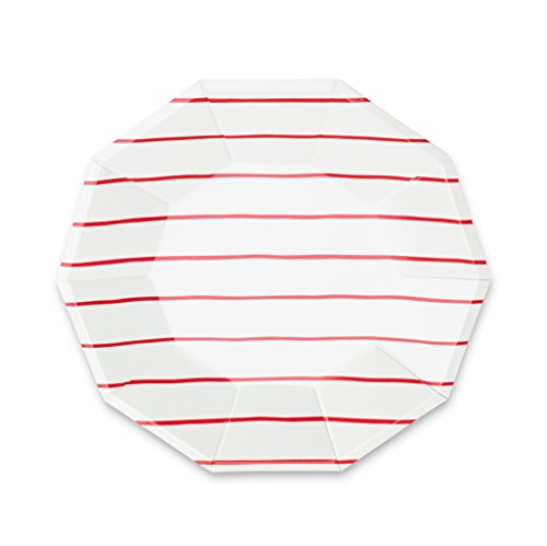 Daydream Society Frenchie Striped Large Paper Party Plates, Pack of 8, Candy Apple Red