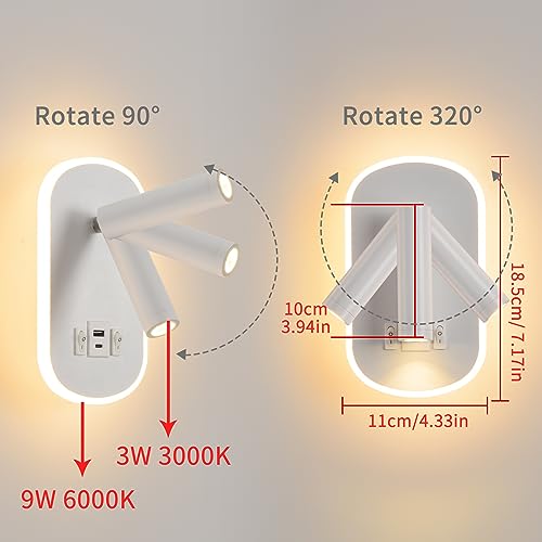 LED Reading Lamp with Switch, USB Charging Port + Type C Reading Light, 3W 3000K+9W 6000K Rotatable Wall Light for Reading, Indoor Inblack Wall Lighting, Night Lamp Bedroom Hotel
