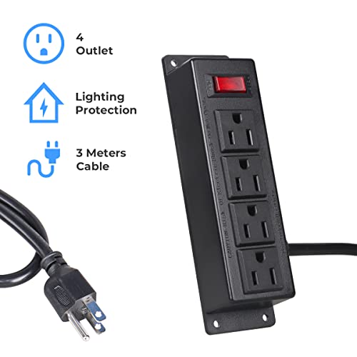 Power Strip Long Extension Cord, ICEELEC 4 Outlets with 10FT Power Cord, Flat Plug Mounting Power 3M Heavy Duty Long Cord for Home, Office, Wall Mount, Black