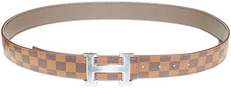 DUKAGE Initials 40mm Reversible H-Buckle Leather Belt (Brown/silver, 33-36 inch, 115cm)
