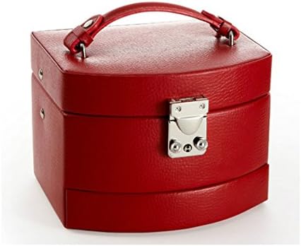 Premium Luxury Unique Classic Style Leather Jewelry Storage Organizer Box with Handle &amp; Key Lock - Red