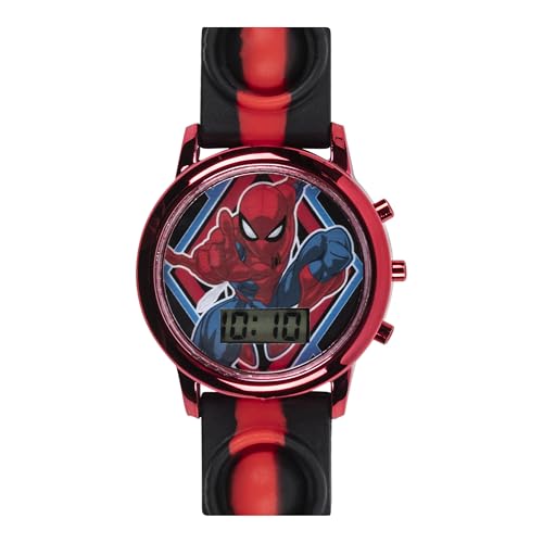 Accutime Marvel Spiderman Kids Digital LCD Wrist-Watch with Red, Green, and Yellow LED Light Show and Popper Strap for Boys, Girls, and Toddlers - Perfect for Learning Time and Fun