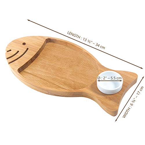 The Mammoth Design Chips and Dip Serving Platter | Serveware with Porcelain Sauce Bowl | Organic Wooden Snack, Appetizer Tray, Dish | Decorative Home, Kitchen Accessory | for Kids, Adults (Fish)