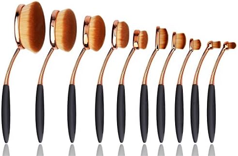Elfstore Oval Makeup Brush Set (Black Rose Gold) Professional Foundation Contour Blush Concealer Eyebrow Eyeliner Blending Cosmetics Brushes Toothbrush Makeup Brushes (10 Pcs Brush Set)