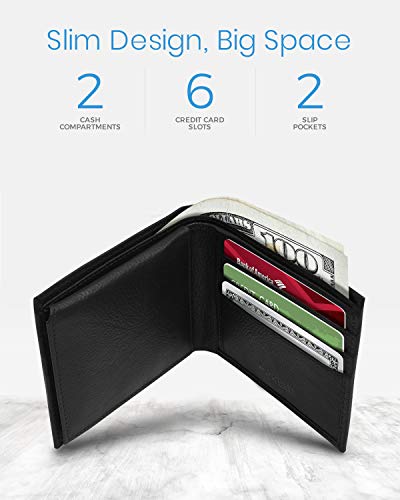Slim Leather Bifold Wallets For Men - Minimalist Mens Wallet RFID Blocking Card Holder With ID Window Box Gifts For Men