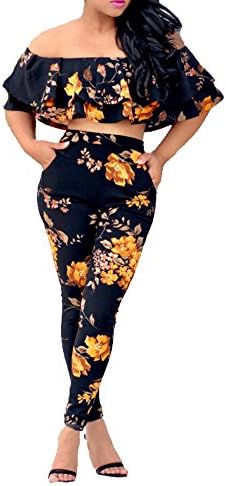 YouSun Women's Floral Print Sleeveless Strapless Top Casual Bodycon Stretch High Waist Long Pants 2 Pieces Jumpsuit