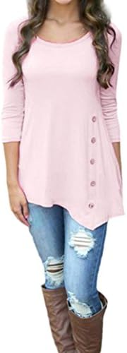 Gocheaper Long Tunic,Women's Pullover Loose Button Trim Blouse Tops T-Shirt (XXL, Pink)