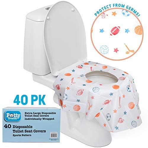 Disposable Toilet Seat Covers for Kids & Adults, 40 Pack - Protect from Public Toilet Germs While Potty Training & More - Extra Large, Waterproof, Portable, Individually Wrapped - Blue/Sports