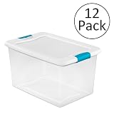 Sterilite 64 Quart Latching Plastic Storage Box, Clear w/Blue Latches (12 Pack)