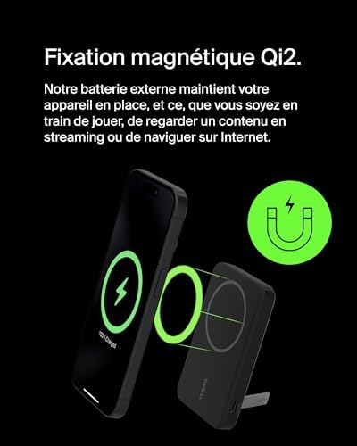 BoostCharge Pro Batterie Externe Magnétique sans Fil 5000mAh avec Qi2, Chargeur Portable Compatible MagSafe, Support intégré, Batterie Portable pour iPhone 16, iPhone 15, 14, 13, etc., Noire