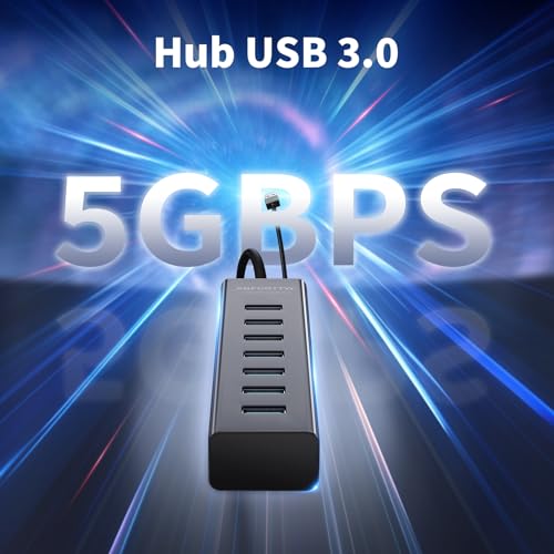 7 Port USB 3.0 Hub – Aluminium USB Hub with 120 cm Cable for Desktop, USB Multiport Adapter with USB 3.0 5Gbps, 5V 3A Type-C for PC, Laptop, MacBook, MacBook, Mouse, Keyboard, U Disk etc.