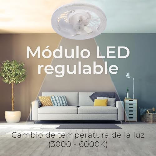Megaluz LV34W11 Ventilador de techo con luz led y control remoto, 13", luz fría, neutra y cálida, 6 aspas desmontables, Abanico de techo enchufe E27, 4 velocidades y motor silencioso (Blanco).