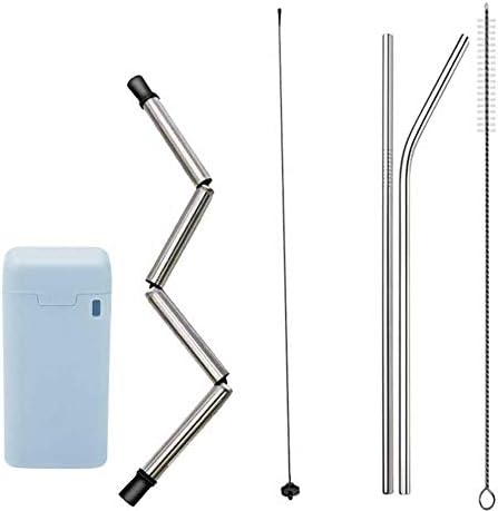 5pcs /Set Stainless Steel Metal Straws Reusable + Foldable Drinking Straws Metal Drinking Straws with 2 Cleaning Brush for Smoothie, Milkshake, Cocktail and Hot Drinks (A)
