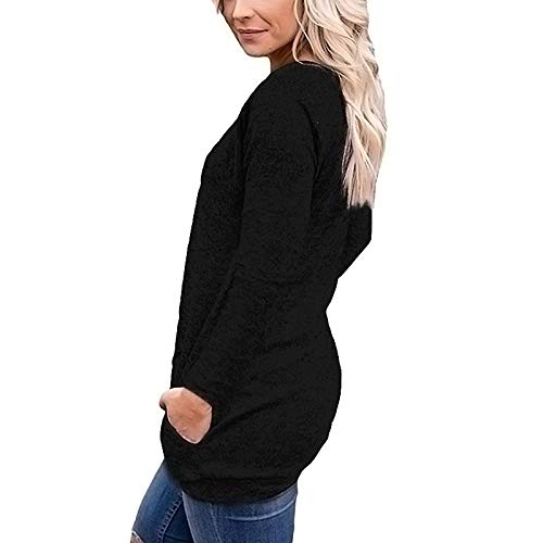 Women\'s Long Sleeve T Shirt Crew Neck Button Casual Blouses Tops with Pocket Black, 3XL