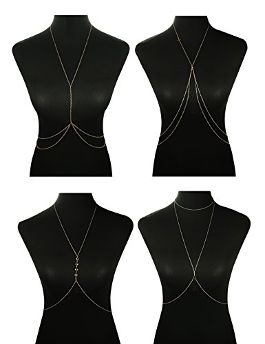 Finrezio Thin Sexy Gold Cross Body Belly Chains Necklace Jewelry for Women 4Pcs a Set