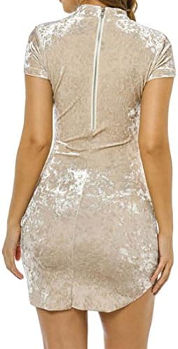 SELX Womens Stylish Short Sleeve Turtle Neck Velvet Bodycon Dress Khaki US XS