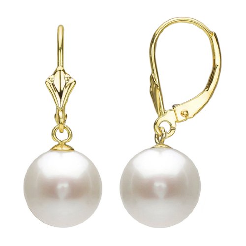 14k Yellow Gold 8-8.5mm Round White Freshwater Cultured AAA Pearl Design Lever-back Earrings