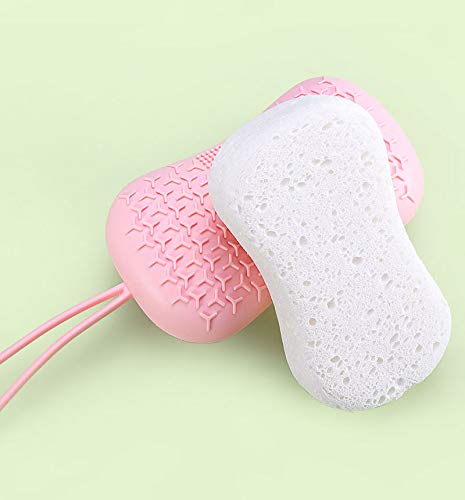 Hatsutec Silicone Shower Body Scrubber Bath Brush with Natural Sponge, Double-Sided for Dry and Wet Brushing, Gentle Exfoliation and Deep Cleanse for Smooth Soft Skin, Lathers Well (Pink)
