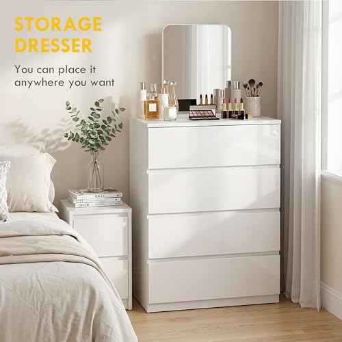 HOMCOM Dresser for Bedroom with 4 Drawers, High Gloss Chest of Drawers with Metal Runners and Groove Handles for Living Room, Hallway, White